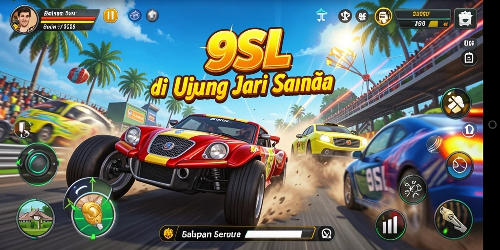 Gameplay Racing seru di 9SL dengan mobil yang melaju kencang.