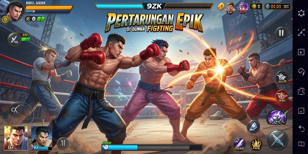 Screenshot gameplay 9ZK dengan pertarungan seru antara karakter.