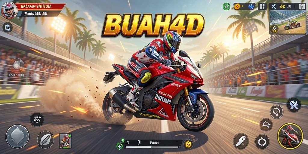 Tampilan gameplay seru BUAH4D dengan aksi balapan motor.