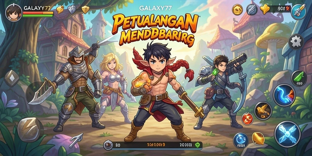 Tangkapan layar GALAXY77 menampilkan karakter Anime dalam aksi seru.