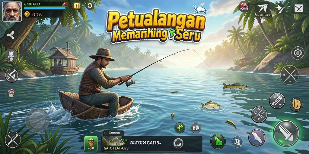 Tampilan gameplay seru GATOTKACA123 dengan memancing di laut.