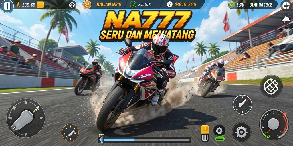 Tampilan gameplay NA777 dengan aksi balapan motor yang seru.