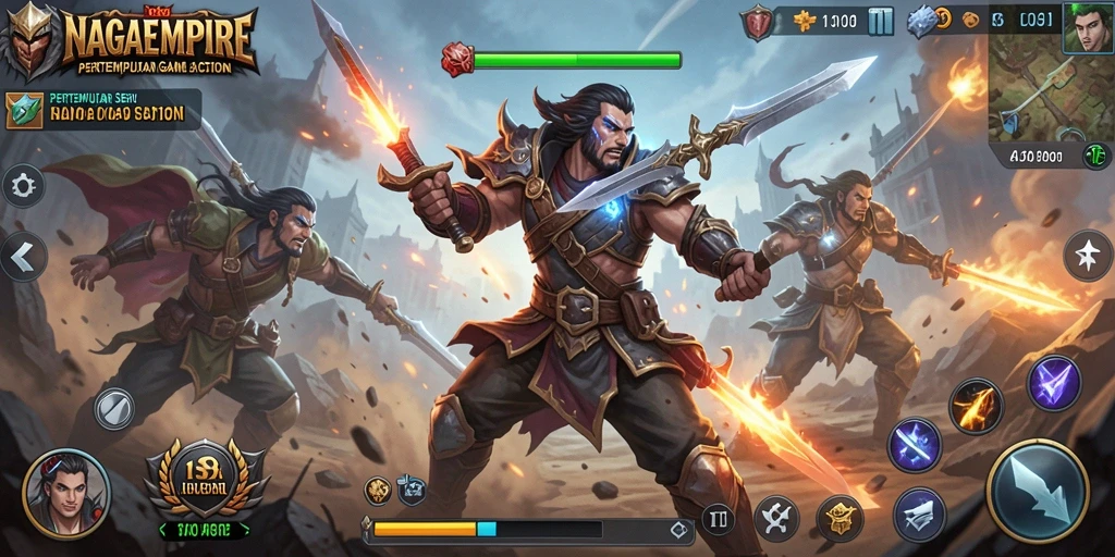Tampilan gameplay seru NAGAEMPIRE dalam pertempuran yang intens.