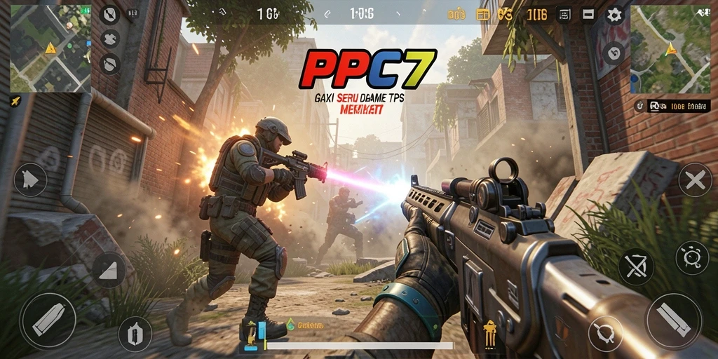 Screenshot utama menunjukkan aksi seru dalam permainan TPS.