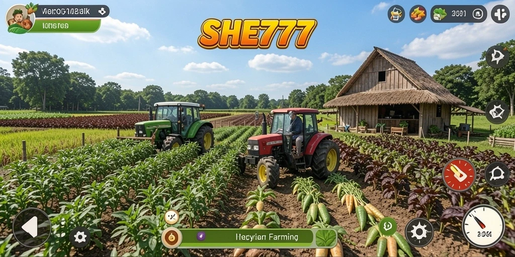 Tangkapan layar gameplay SHE777 menampilkan kebun yang indah dan interaksi gairah petani.