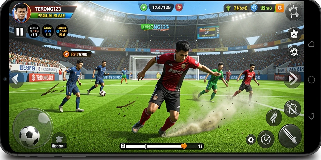 Screenshot gameplay TERONG123 menampilkan aksi seru di lapangan sepak bola.